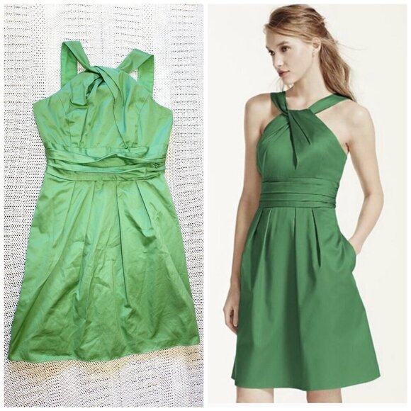 Davids Bridal twist Mini Dress Green Size 8 Cotton Sleeveless zip up Cocktail - Picture 1 of 10